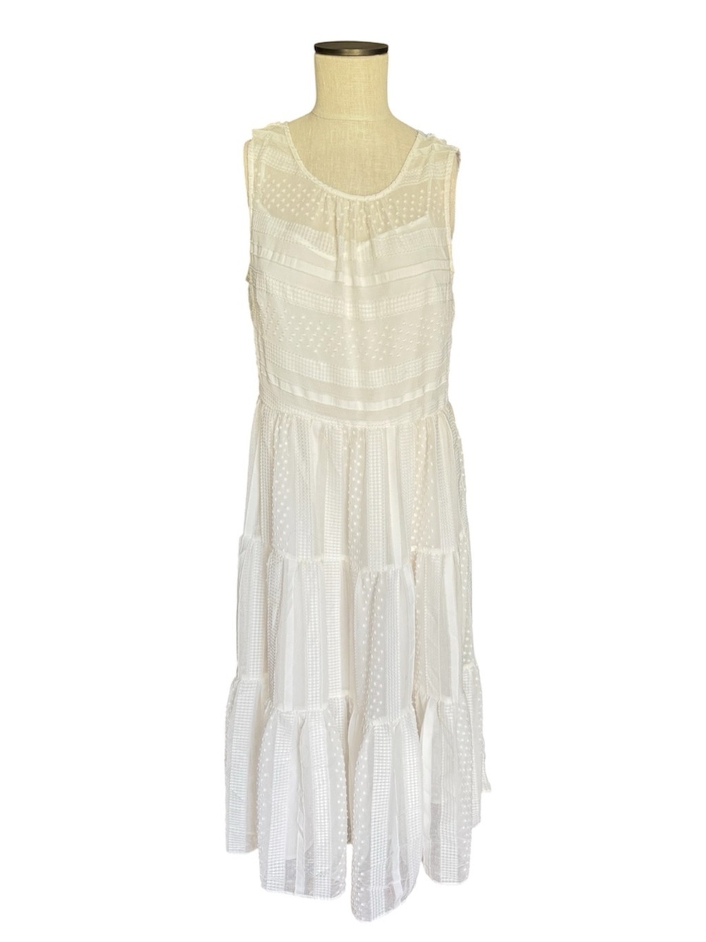 J. CREW Tiered Midi Dress  in Striped Clip Dot- Ivory Sz M Fully Lined Angelcore